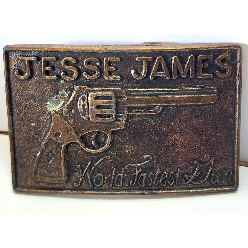SEE DESC. JESSE JAMES Western Revolver Gun Outlaw Brass Tone Metal Belt Buckle